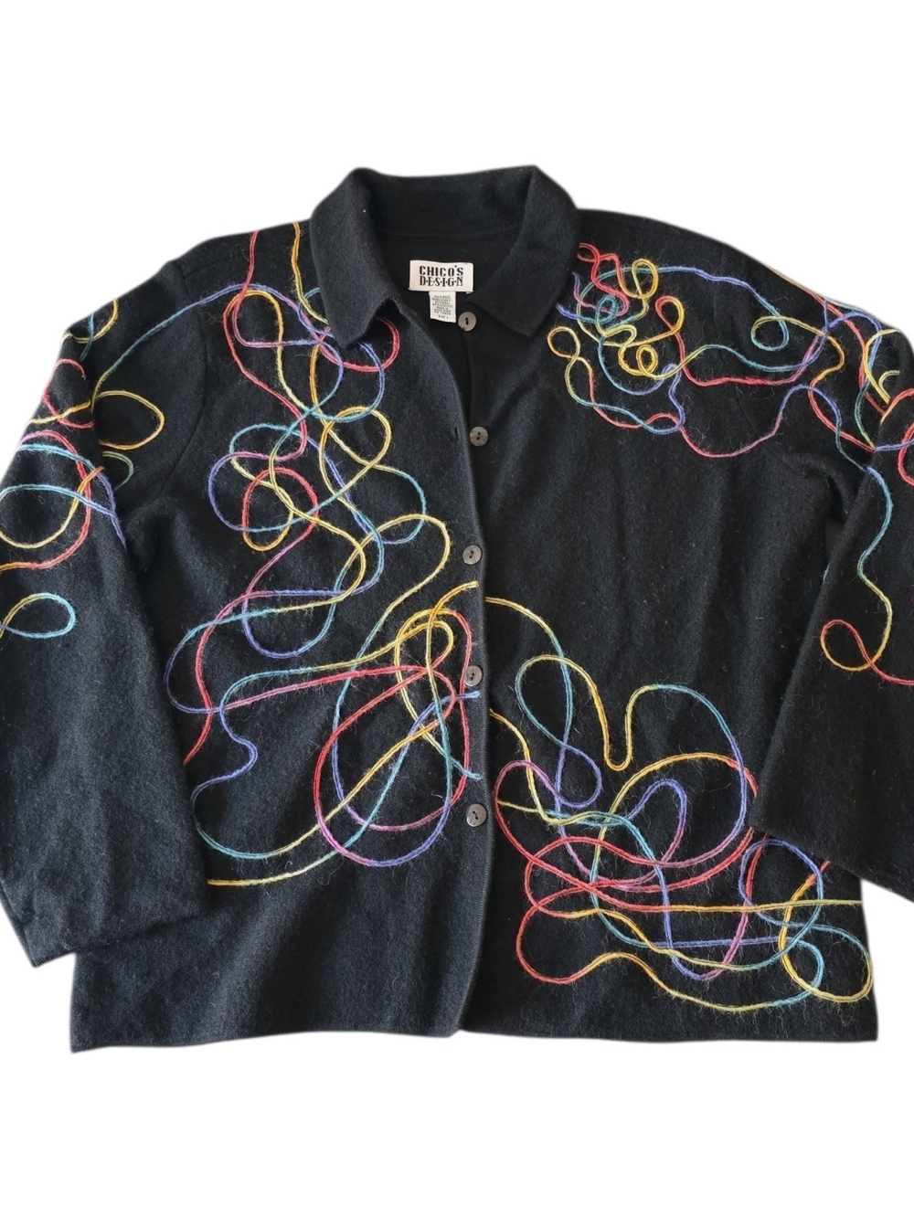 Vintage Chico’s Design 100% Wool Colorful Embroidered Cardigan Sz 1